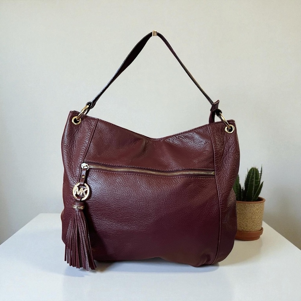 Michael Kors Burgundy Leather Charm Tassel Hobo Bag - Picture 1 of 13
